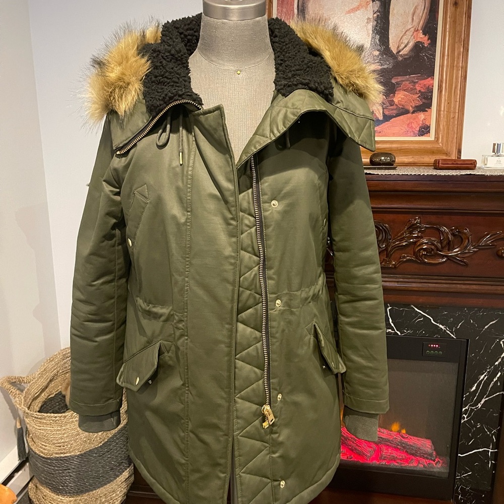 J. Crew Green Utility Jacket with Hood and Zipper Closure